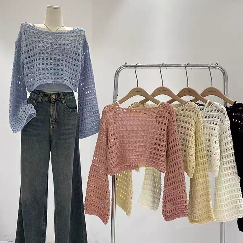 Crochet Top Boho - Dzianinowy top z długim rękawem Letnie