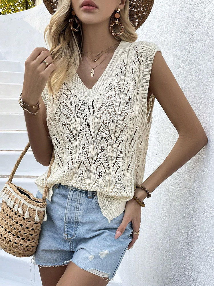 Crochet Top Boho - Damska beżowa ażurowa kamizelka na szydełku