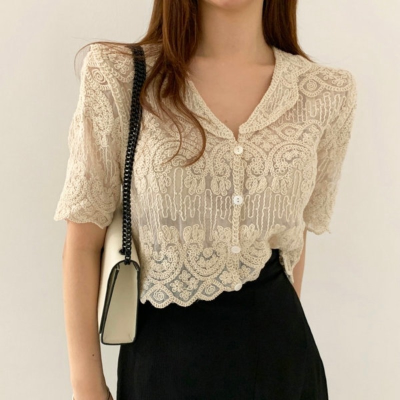 Crochet Top Boho - Przezroczysta haftowana koronkowa bluzka zakrywająca Top