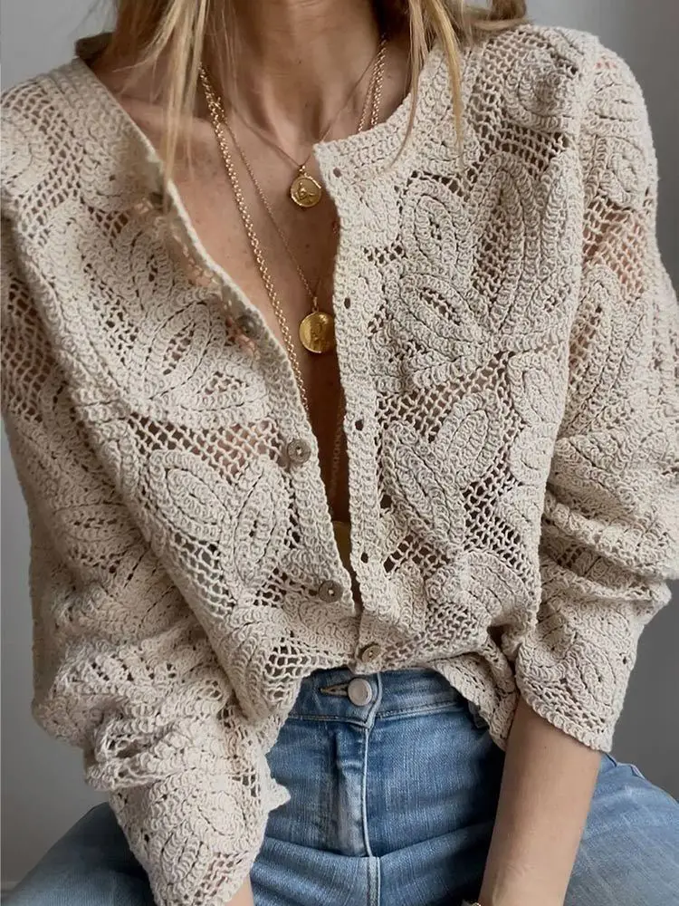 Crochet Top Boho - Damskie bluzki szydełkowe zapinane na guziki,