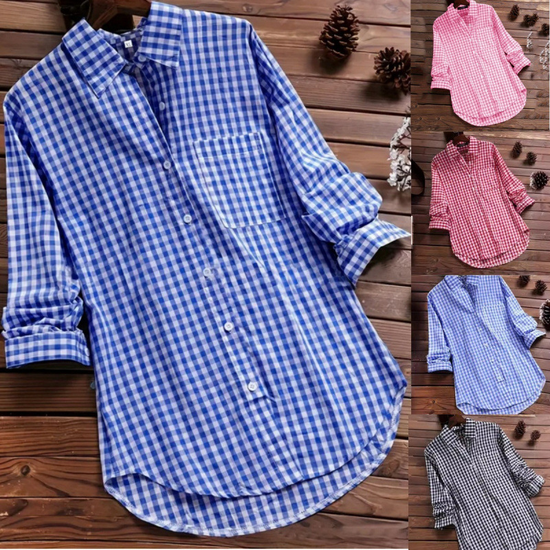 Vintage Fashion Ebay - Luźna koszula w kratę z kołnierzykiem,