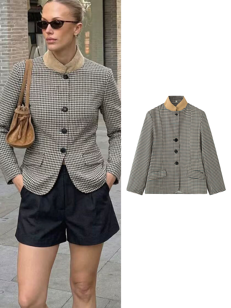 Vintage Trench Coat - Damska marynarka w kratę w stylu