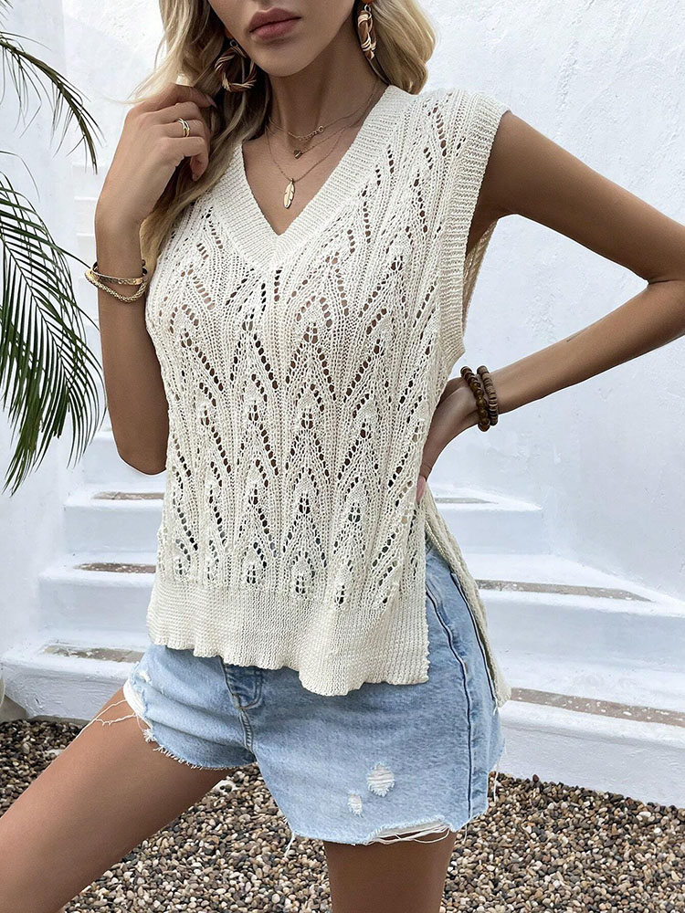 Damska beżowa ażurowa kamizelk – Crochet Top Boho recenzja i cena